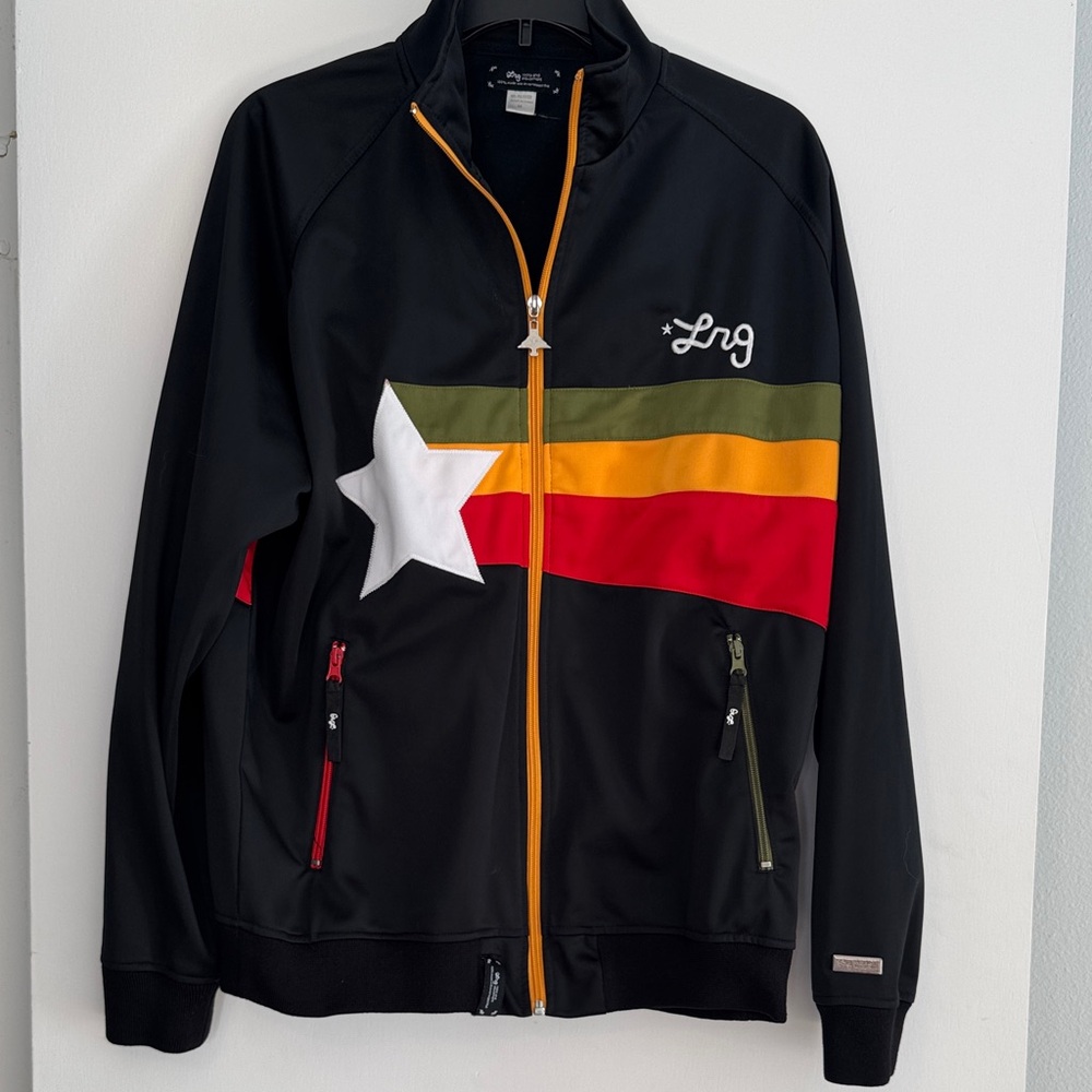 LRG Men's Black Jacket with White Star and Red, Yellow, and Green Stripes